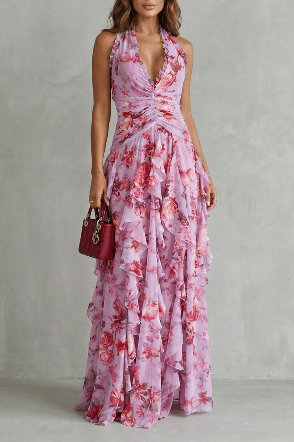Robe Longue Femme à Col Halter | Drapé Froncé