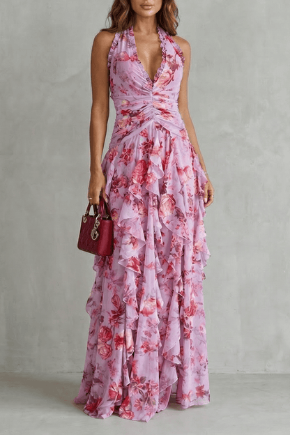 Robe Longue Femme à Col Halter | Drapé Froncé