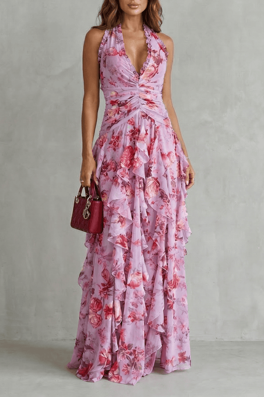 Robe Longue Femme à Col Halter | Drapé Froncé