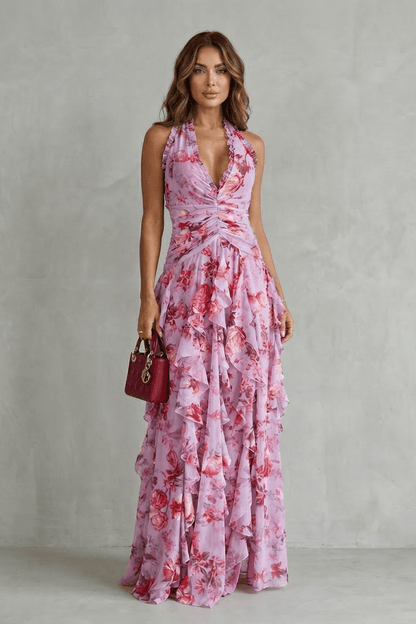 Robe Longue Femme à Col Halter | Drapé Froncé