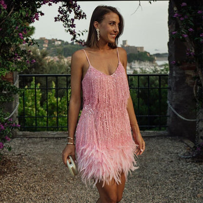 Élora – Robe Mini de Luxe à Plumes