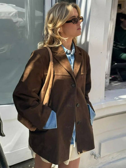 Blazer oversize femme style suède boutonné