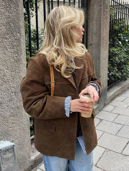 Blazer oversize femme style suède boutonné