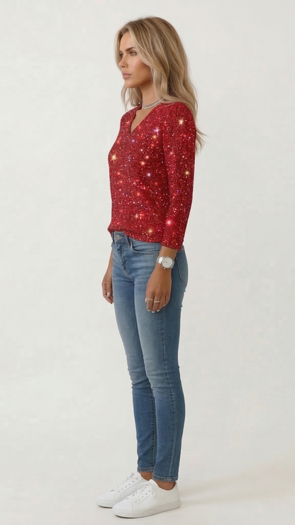 Pull pailleté femme col V