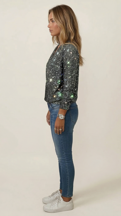 Pull pailleté femme col V