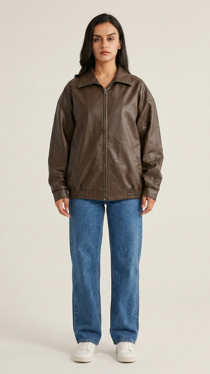 Veste cuir femme zippée col motard