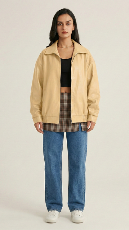 Veste cuir femme zippée col motard