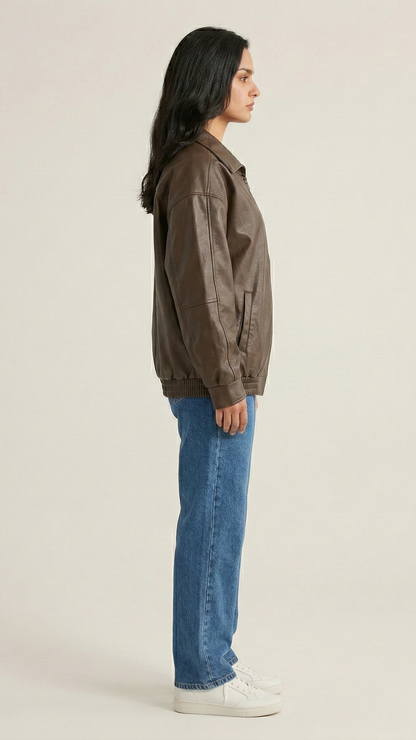 Veste cuir femme zippée col motard