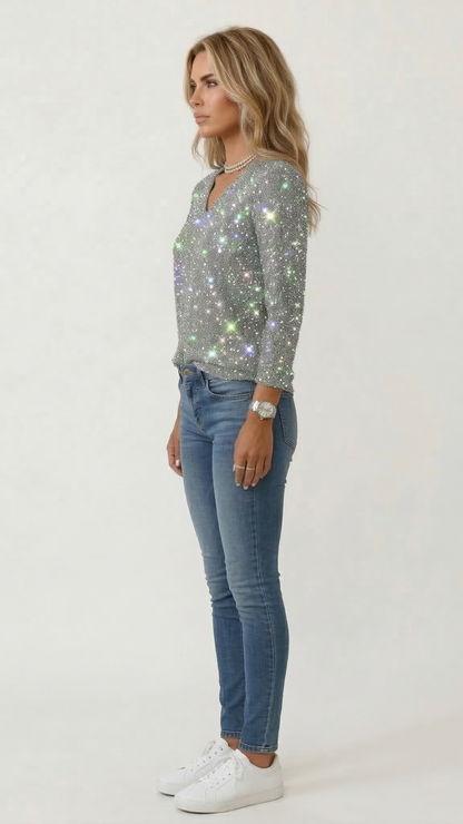 Pull pailleté femme col V