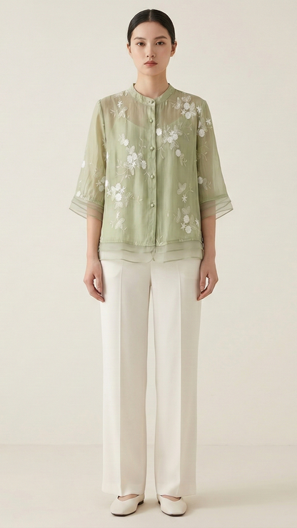 Top femme broderie florale manches longues
