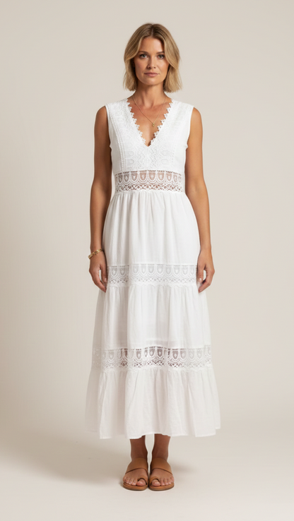 Robe Longue en Dentelle Blanche | Col V & Dos Ouvert