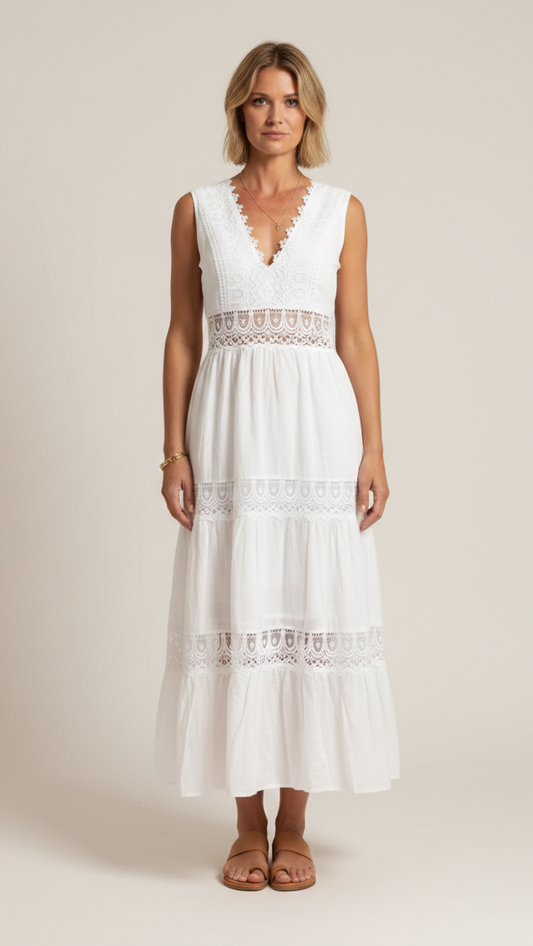 Robe dentelle blanche femme col V