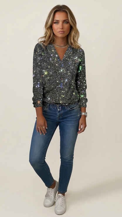 Pull pailleté femme col V