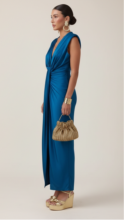 Robe maxi satin femme col V plongeant