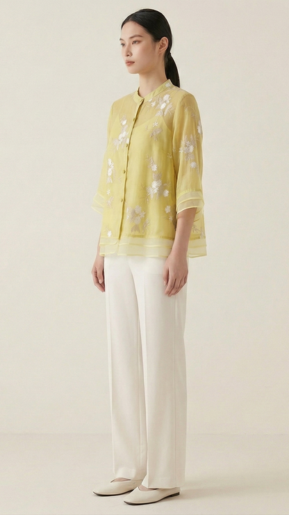 Top femme broderie florale manches longues