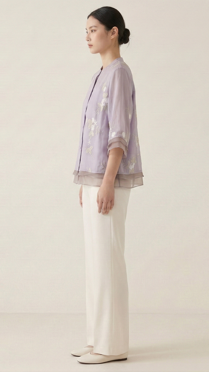 Top femme broderie florale manches longues
