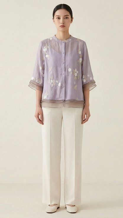 Top femme broderie florale manches longues