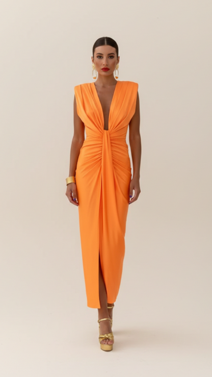 Robe maxi satin femme col V plongeant