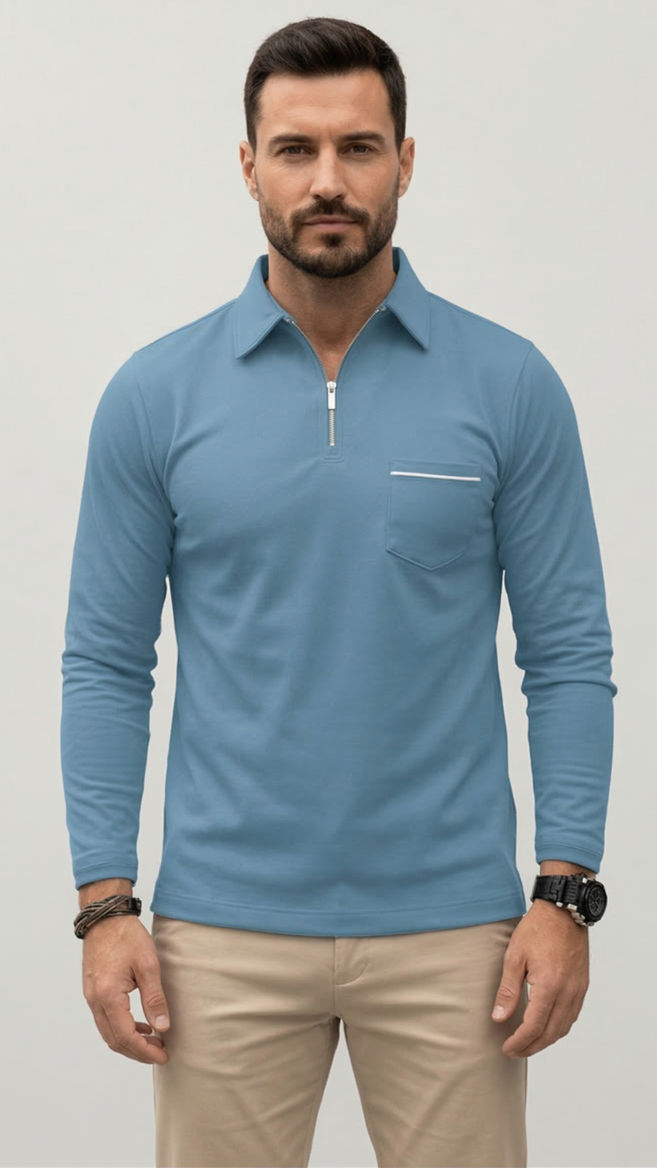 Polo Homme Manches Longues Poche Poitrine
