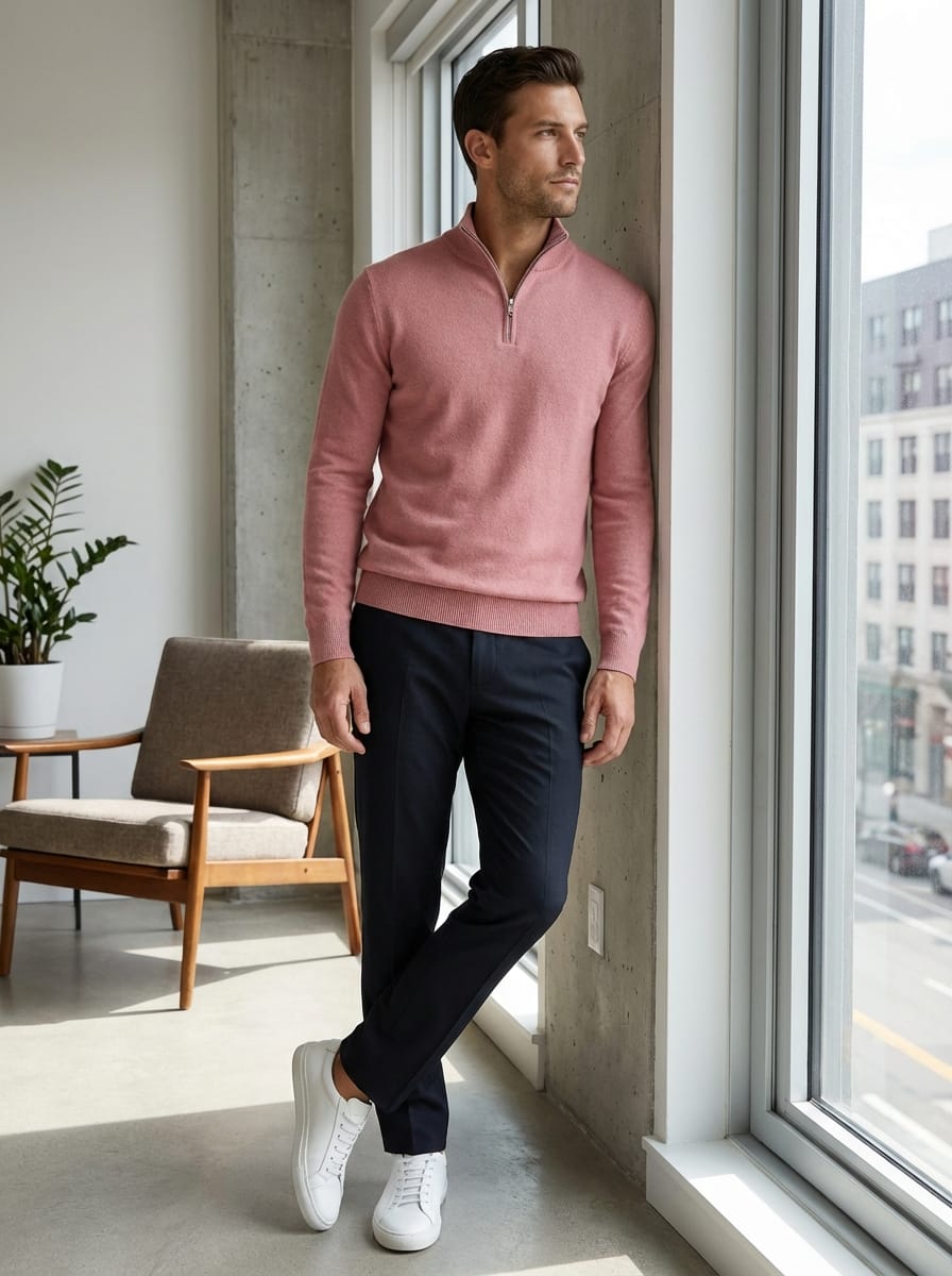 Pull Homme en Maille Côtelée | Col Montant Demi-Zip