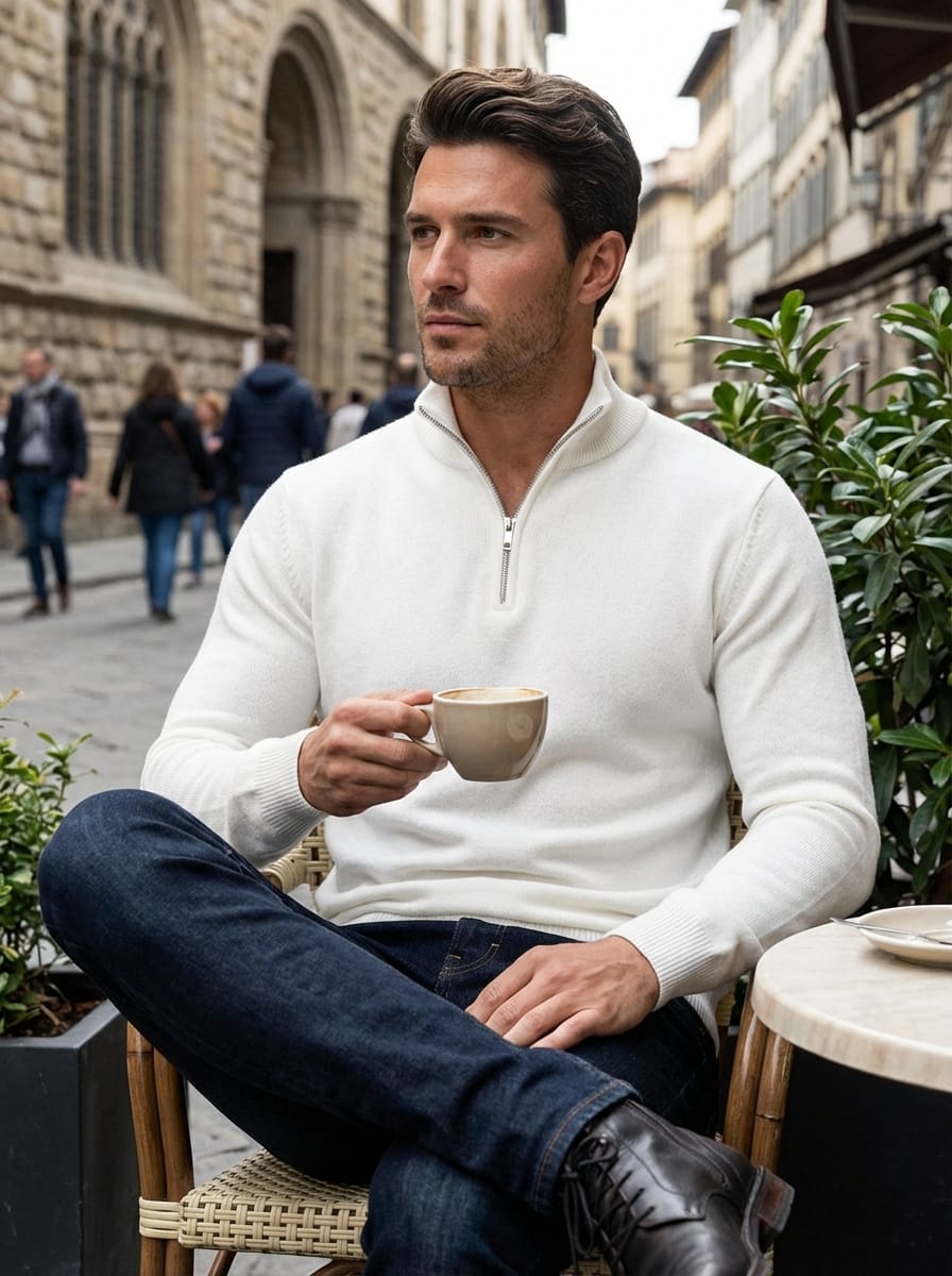 Pull Homme en Maille Côtelée | Col Montant Demi-Zip