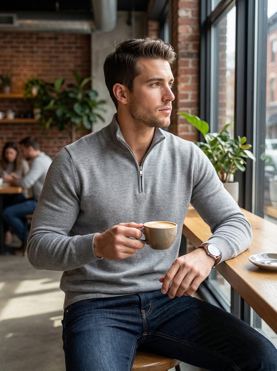 Pull Homme en Maille Côtelée | Col Montant Demi-Zip