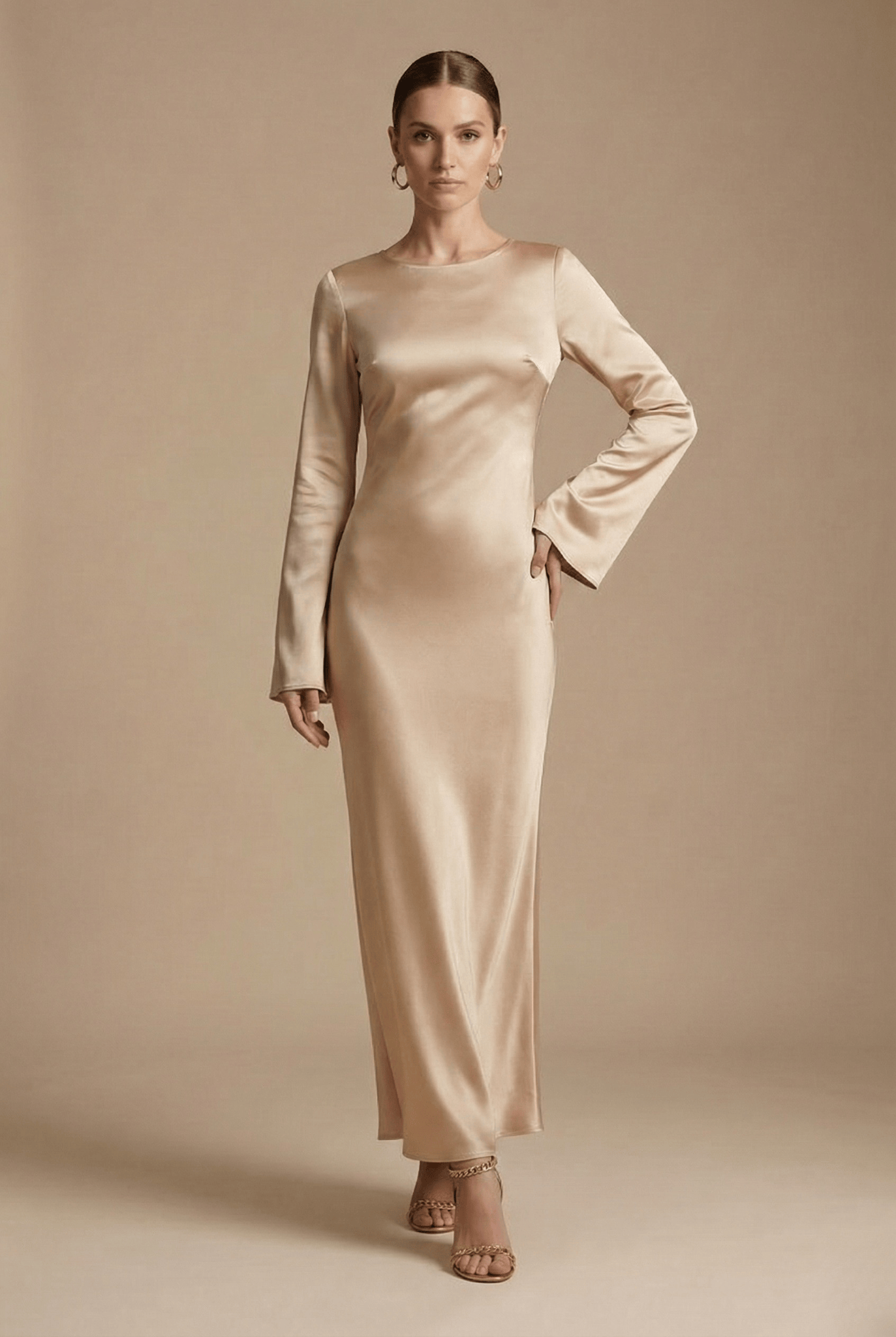 Robe Longue Femme à Col Rond | Manches Longues Fluide