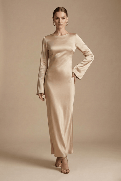 Robe Longue Femme à Col Rond | Manches Longues Fluide