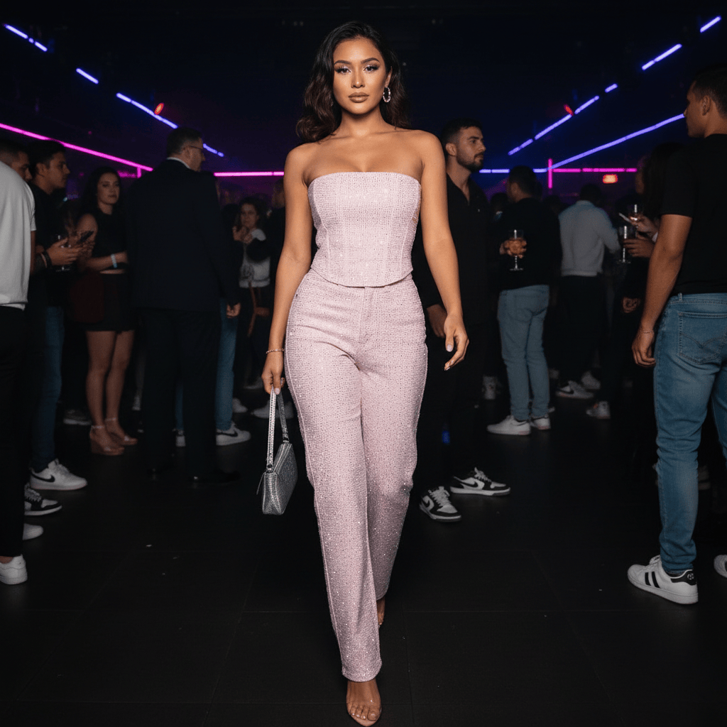 Ensemble Deux Pièces Femme Pailleté | Top Bustier & Pantalon Taille Haute