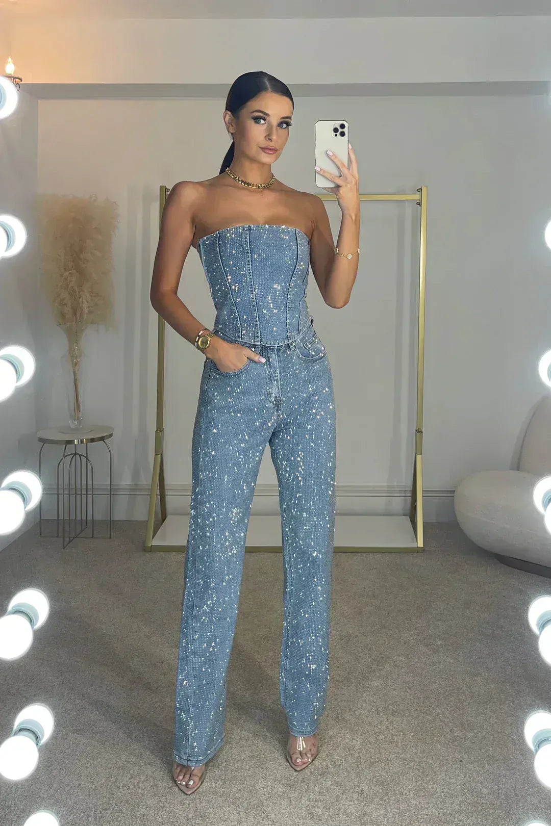 Ensemble Deux Pièces Femme Pailleté | Top Bustier & Pantalon Taille Haute
