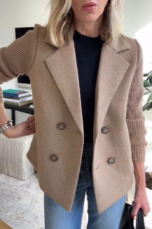 Blazer Femme Croisé à Manches en Maille | Col à Revers Cranté