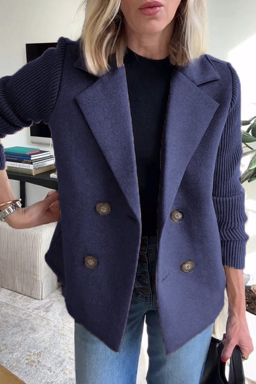Blazer Femme Croisé à Manches en Maille | Col à Revers Cranté