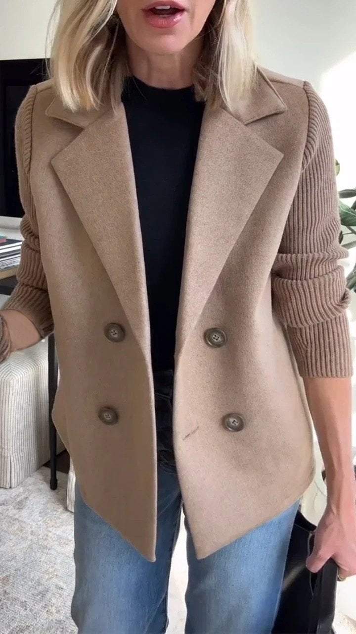 Blazer Femme Croisé à Manches en Maille | Col à Revers Cranté