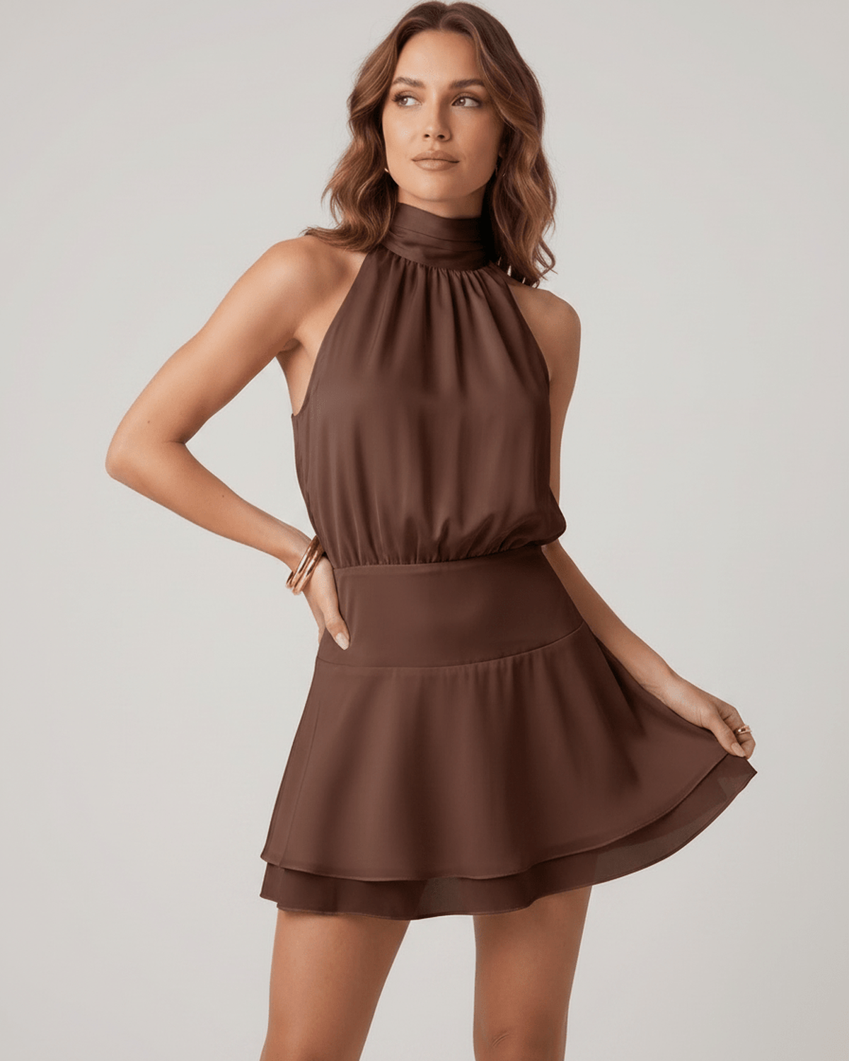 Robe Mini Femme à Col Halter | Jupe à Volants Étagés