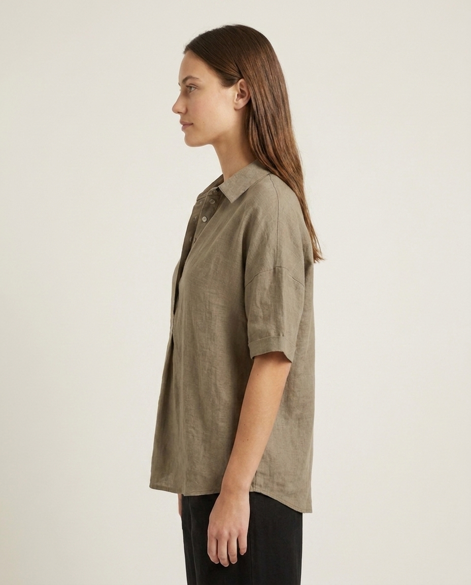 Blouse en lin femme Taupe - vue de côté studio