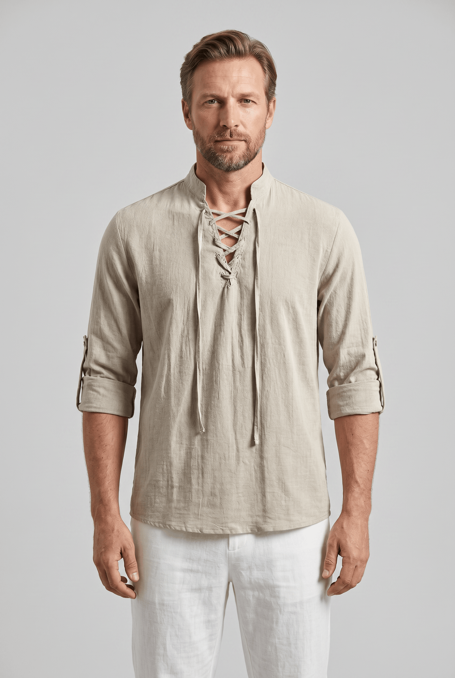 Chemise Homme Décontractée à Col Mao | Laçage & Manches 3/4
