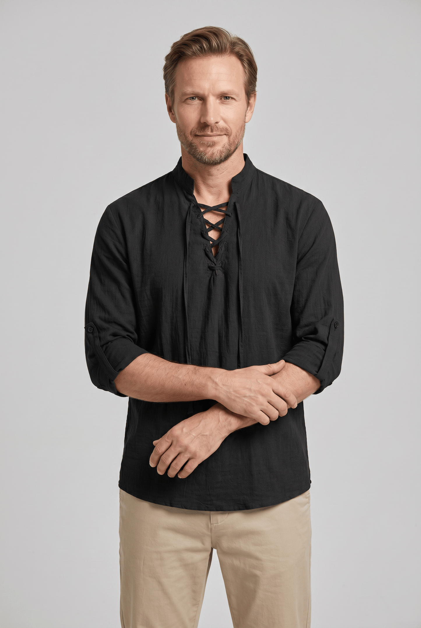 Chemise Homme Décontractée à Col Mao | Laçage & Manches 3/4
