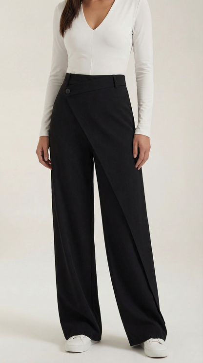 Pantalon large femme portefeuille asymétrique