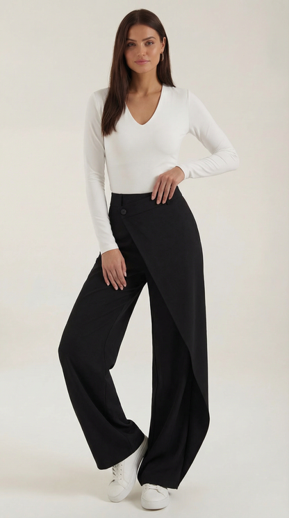 Pantalon large femme portefeuille asymétrique