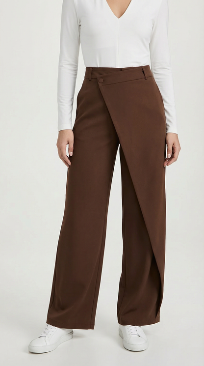 Pantalon large femme portefeuille asymétrique