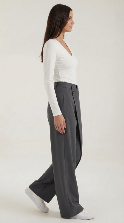 Pantalon large femme portefeuille asymétrique