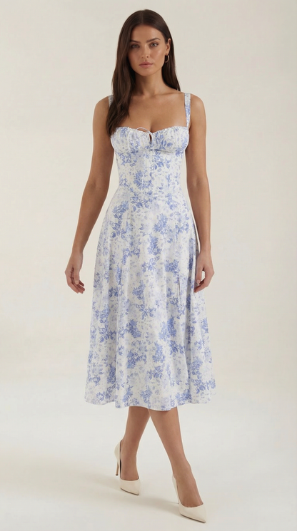 Robe midi femme fleurie lacée col cœur
