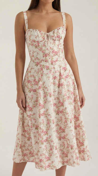 Robe midi femme fleurie lacée col cœur