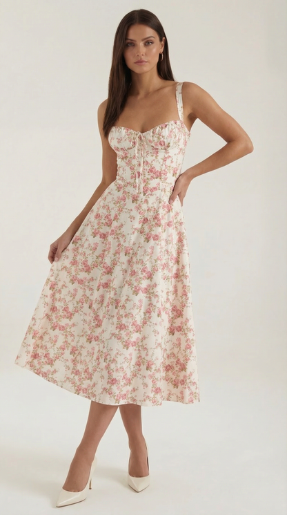 Robe midi femme fleurie lacée col cœur