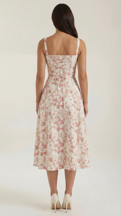 Robe midi femme fleurie lacée col cœur