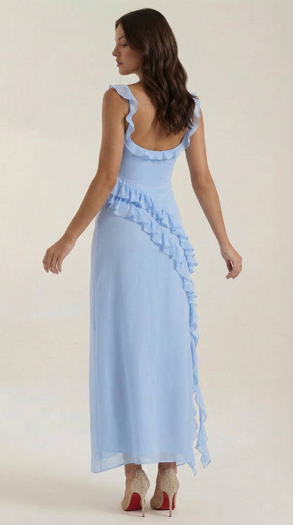 Robe maxi femme à volants col V