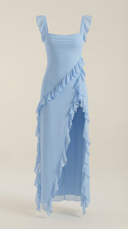 Robe maxi femme à volants col V