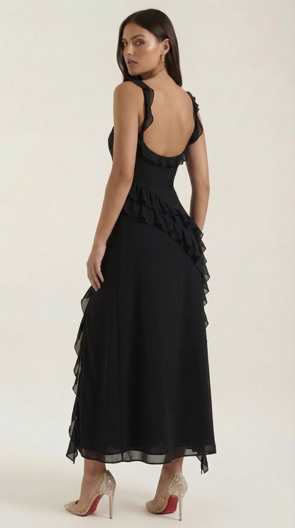 Robe maxi femme à volants col V