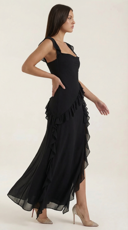 Robe maxi femme à volants col V