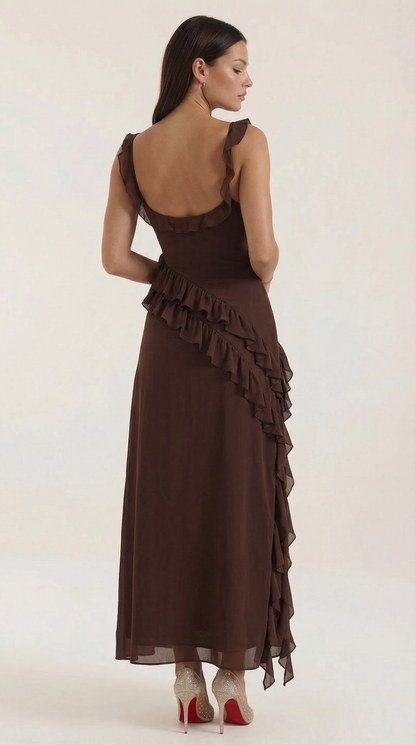Robe maxi femme à volants col V